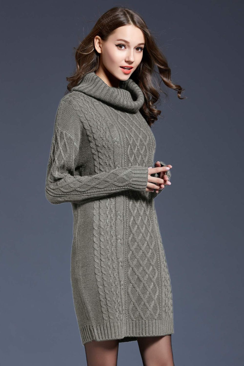 Woven Right Full Size Mixed Knit Cowl Neck Dropped Shoulder Sweater Dress In Multi Colors