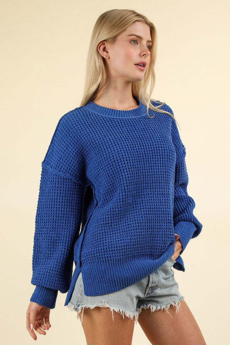 Parker Waffle-Knit Exposed Seam Round Neck Sweater