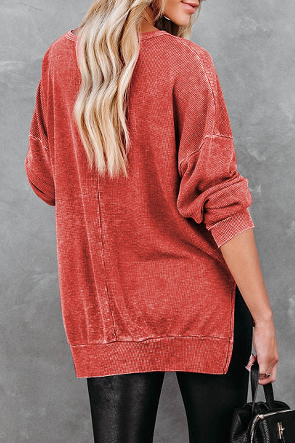 Waffle Knit Side Slit Drop Shoulder Sweatshirt In Two Colors