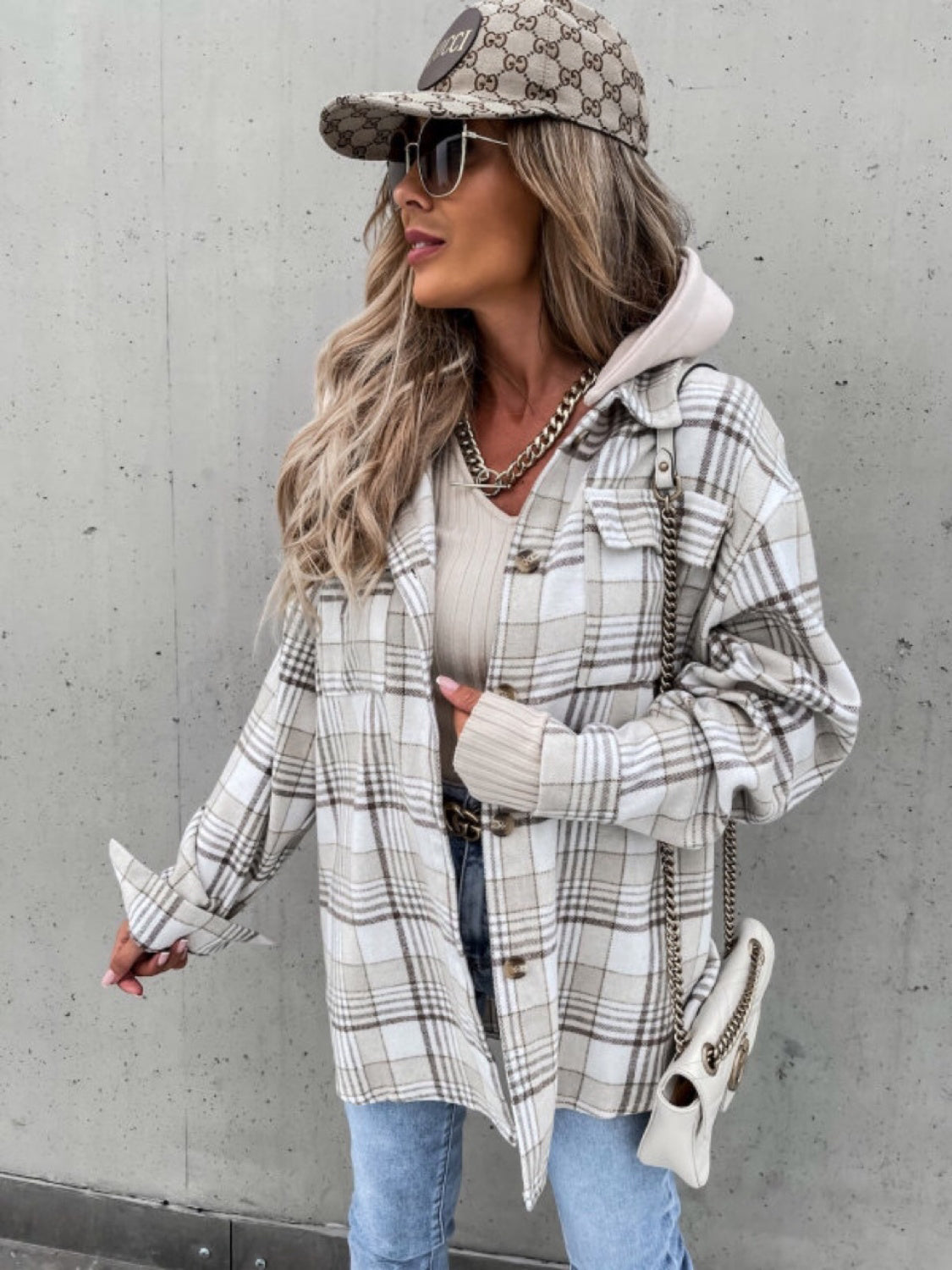 Plaid Dropped Shoulder Hooded Jacket In Multi Colors