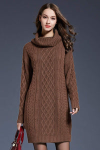 Woven Right Full Size Mixed Knit Cowl Neck Dropped Shoulder Sweater Dress In Multi Colors