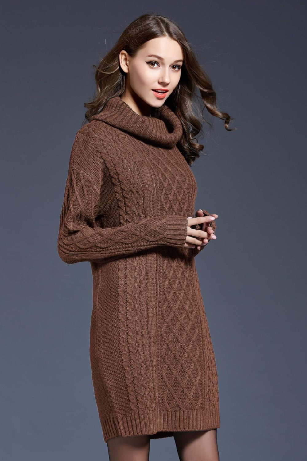 Woven Right Full Size Mixed Knit Cowl Neck Dropped Shoulder Sweater Dress In Multi Colors