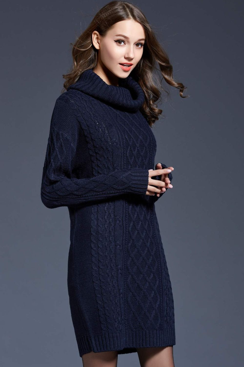 Woven Right Full Size Mixed Knit Cowl Neck Dropped Shoulder Sweater Dress In Multi Colors