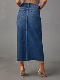 Amelia Slit Raw Hem Midi Denim Skirt