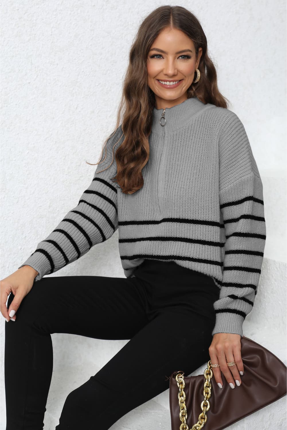 Mock Neck Long Sleeve Zip-Up Sweater In Multi Colors