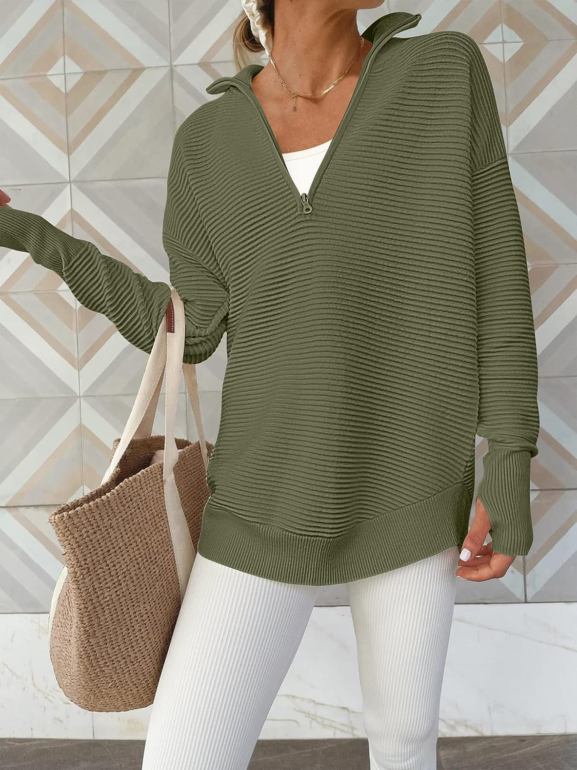 Half Zip Long Sleeve Knit Top In Multi Colors