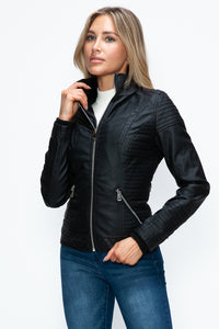 Faux Layered Double-Zipper Jacket with Fuzzy Hood In Black