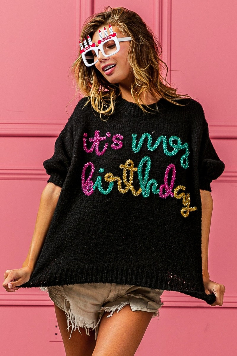 Happy Birthday Metallic Letter Puff Sleeve Sweater