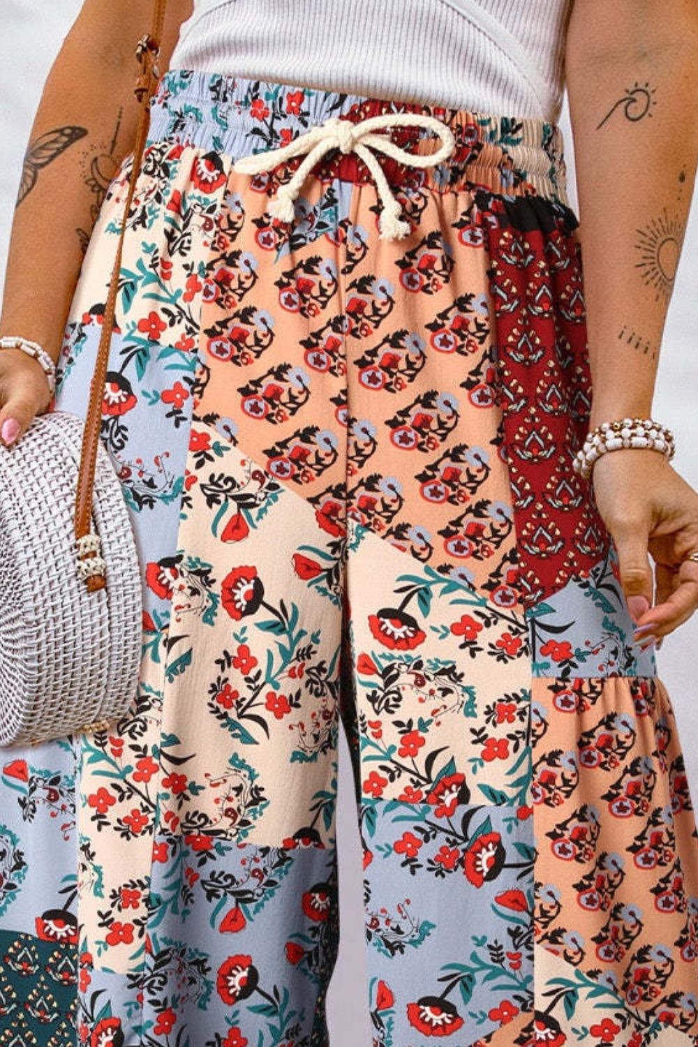 Gabriella Drawstring Wide Leg Pants In Multi Prints