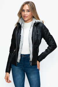 Faux Layered Double-Zipper Jacket with Fuzzy Hood In Black