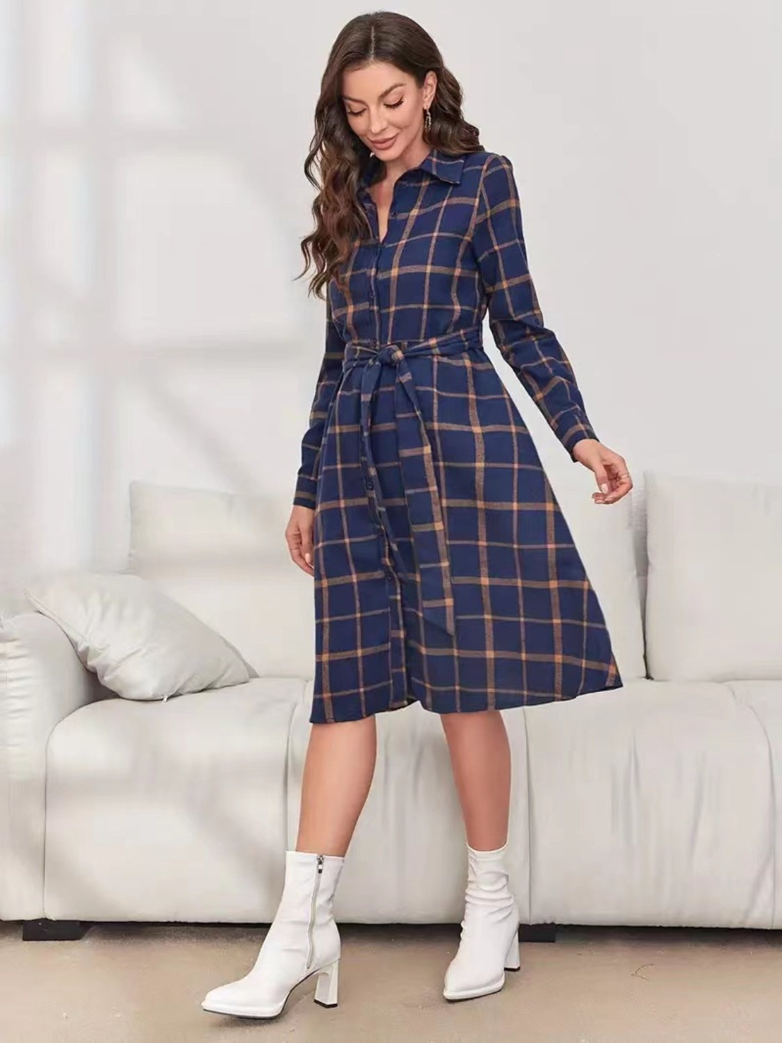 Alyssa Plaid Tie Waist Long Sleeve Dress