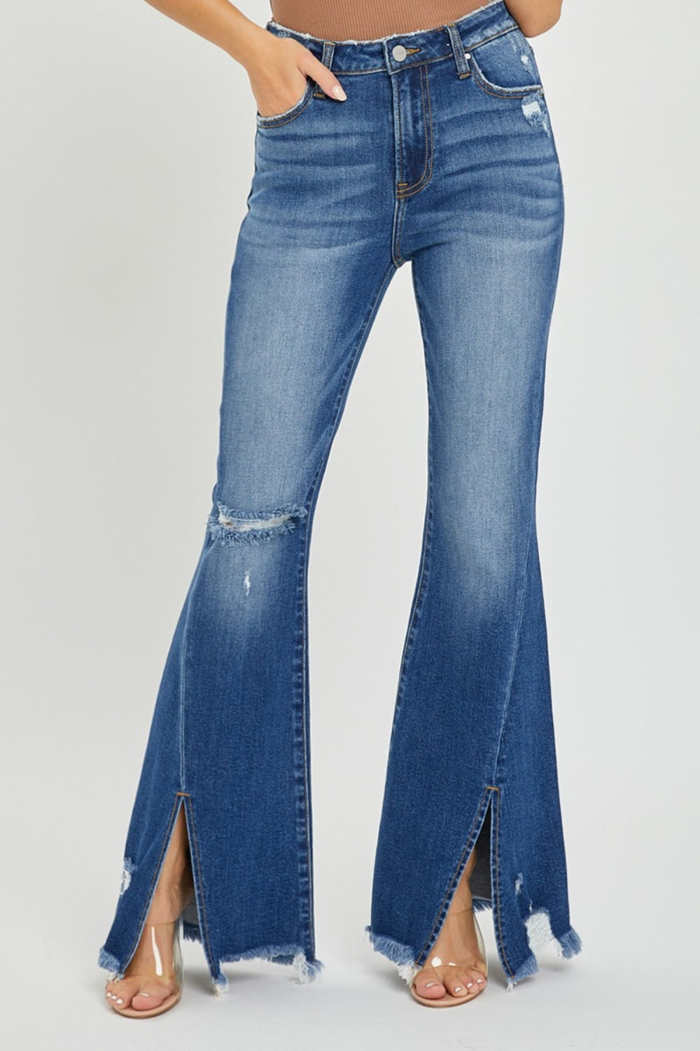 Callie High Rise Front Slit Frayed Hem Flare Jeans