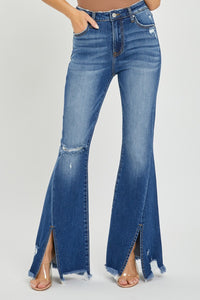 Callie High Rise Front Slit Frayed Hem Flare Jeans