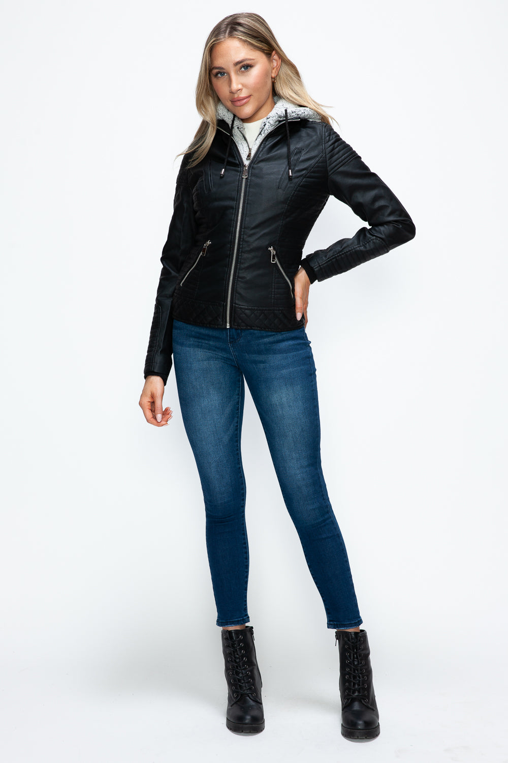 Faux Layered Double-Zipper Jacket with Fuzzy Hood In Black