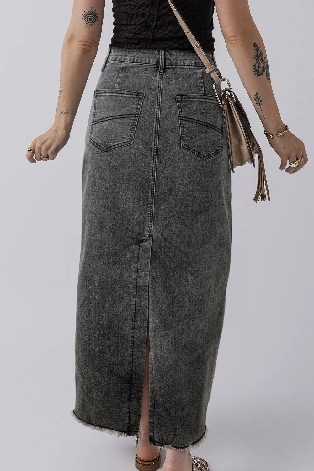 Hayden Raw Hem Midi Denim Skirt with Pockets