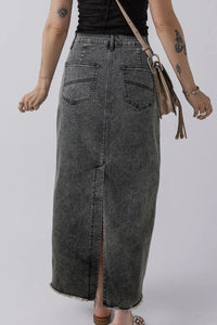 Hayden Raw Hem Midi Denim Skirt with Pockets