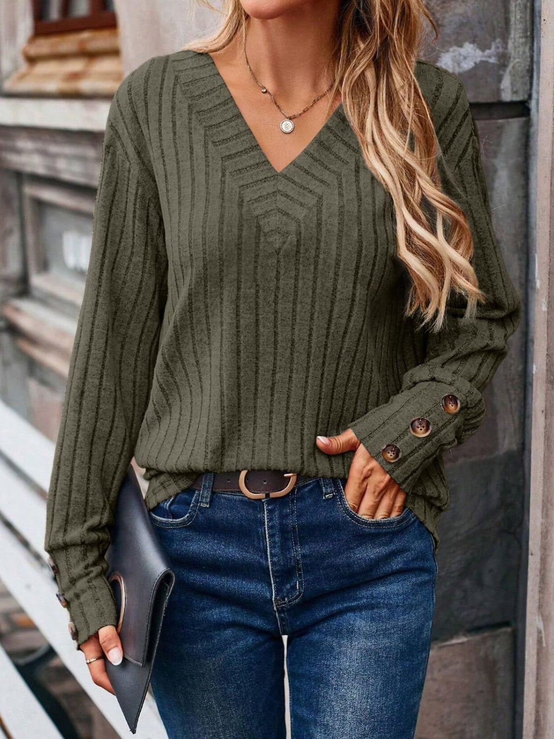 Teagan Ribbed V-Neck Long Sleeve Top