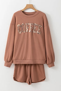 Coffee Sequin Top and Shorts Set In Multi Colors