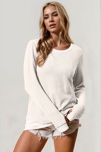 Double Take Corded Rib Thumbhole Cuff Round Neck Top In Two Colors