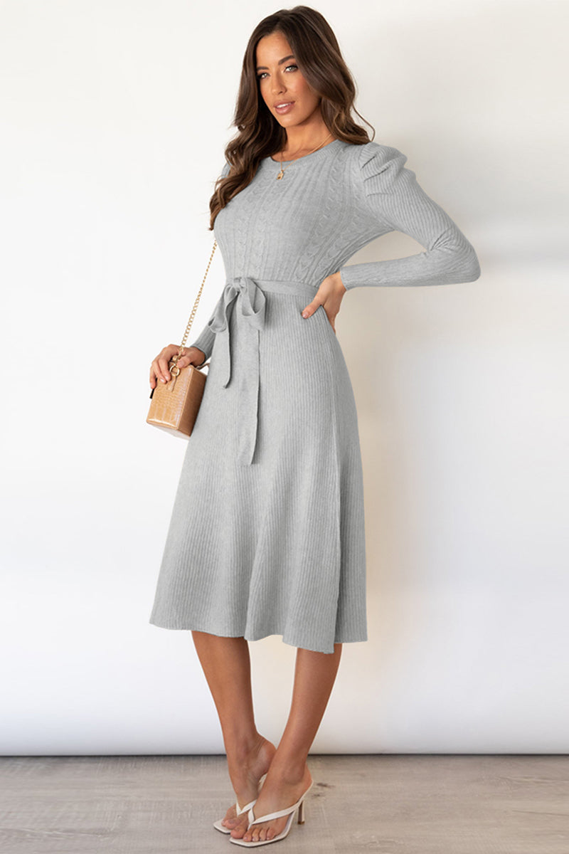 Round Neck Long Sleeve Tie Waist Sweater Dress In Multi Colors