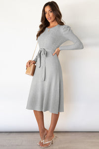 Round Neck Long Sleeve Tie Waist Sweater Dress In Multi Colors