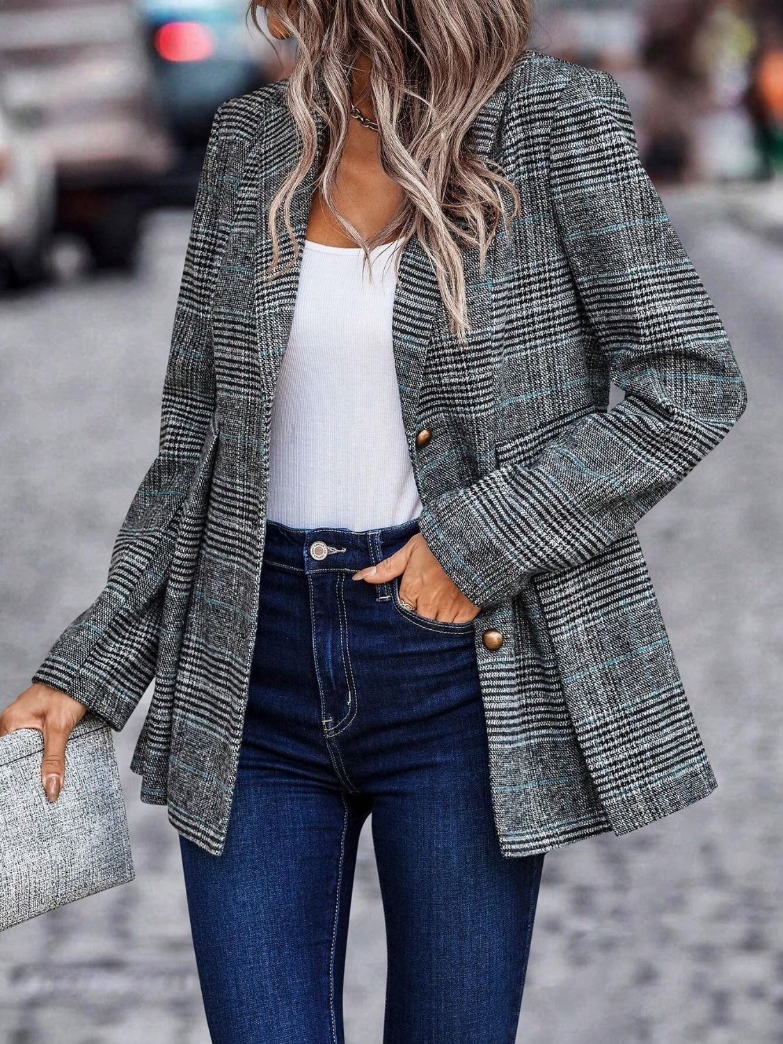 Plaid Button Up Lapel Collar Blazer In Multi Colors