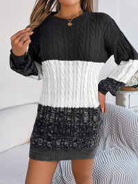 Abigail Cable-Knit Round Neck Color Block Sweater Dress In Multi Colors