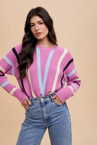 Chevron Stripe Round Neck Ribbed Sweater