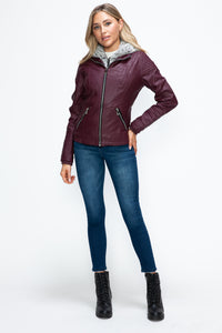 Faux Layered Double-Zipper Jacket with Fuzzy Hood In Wine