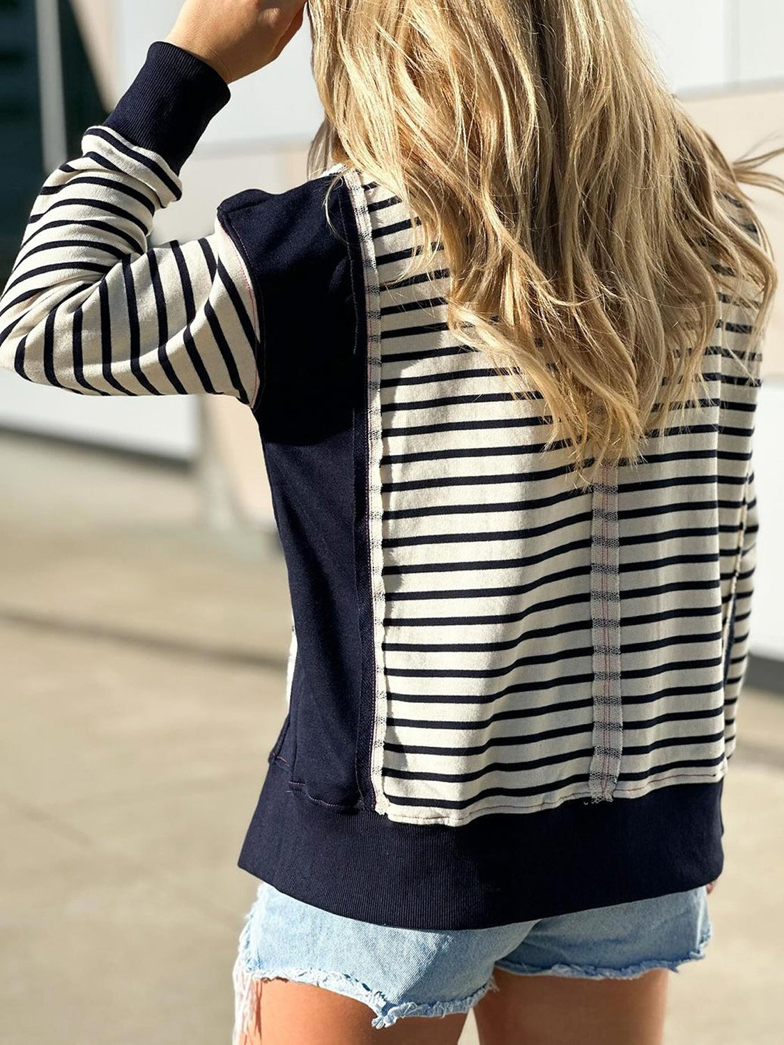 Clara Slit Exposed Seam Striped Sweatshirt In Multi Colors