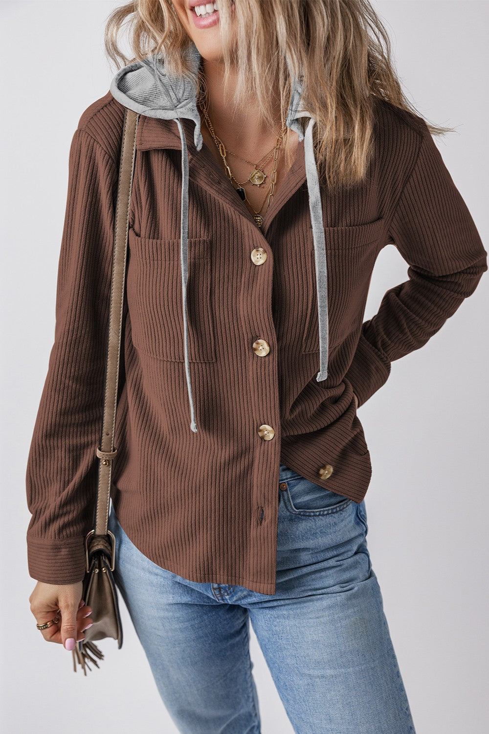 Drawstring Button Up Long Sleeve Hooded Jacket In Multi Colors