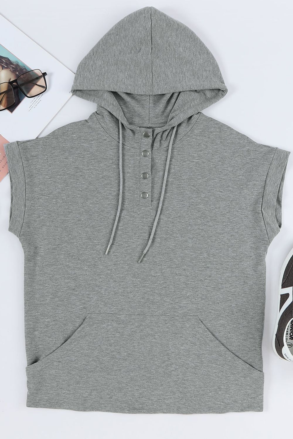 Drawstring Quarter Snap Cap Sleeve Hoodie