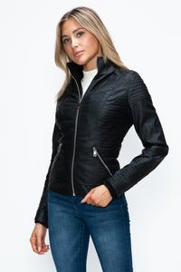 Faux Layered Double-Zipper Jacket with Fuzzy Hood In Black