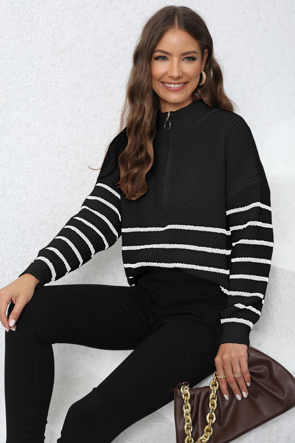 Mock Neck Long Sleeve Zip-Up Sweater In Multi Colors