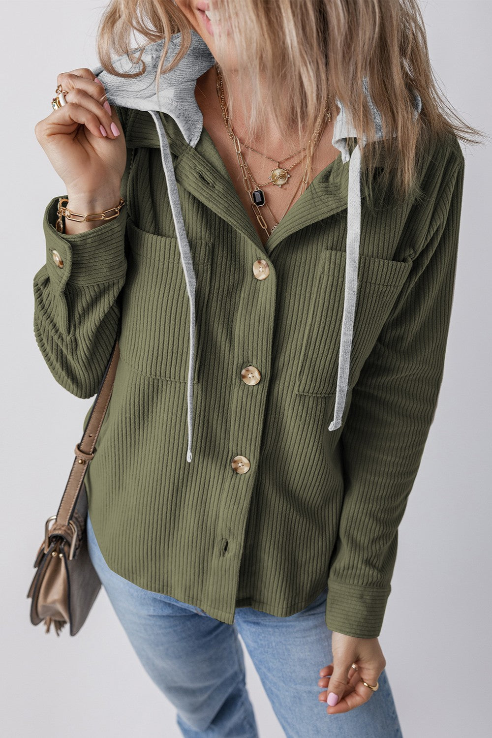 Drawstring Button Up Long Sleeve Hooded Jacket In Multi Colors