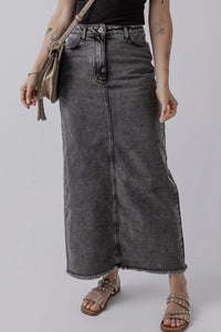 Hayden Raw Hem Midi Denim Skirt with Pockets