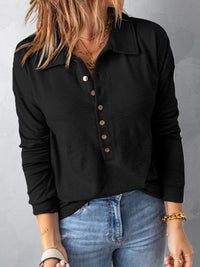 Half Button Collared Neck Drop Shoulder Top