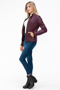 Faux Layered Double-Zipper Jacket with Fuzzy Hood In Wine