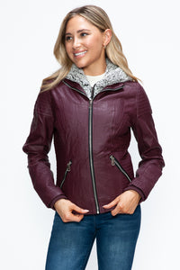 Faux Layered Double-Zipper Jacket with Fuzzy Hood In Wine