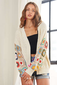 Contrast Crochet Open Front Long Sleeve Cardigan