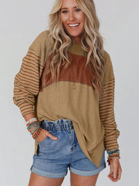 Paige Striped Long Sleeve Slit Top In Multi Colors