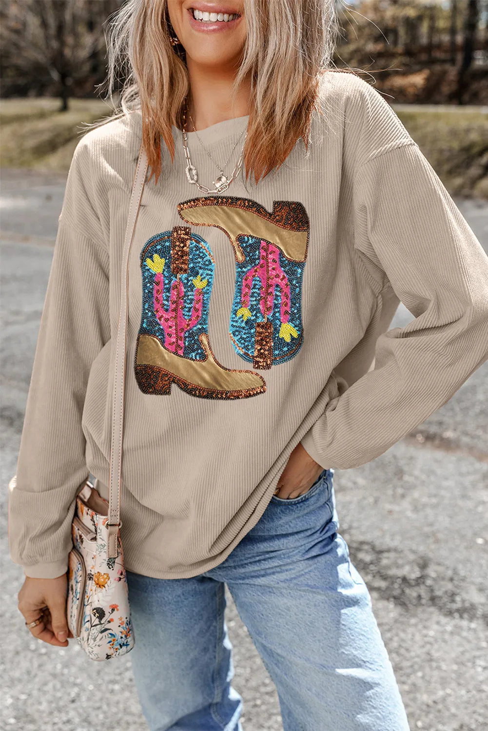 Sequin Boots Sweatshirt