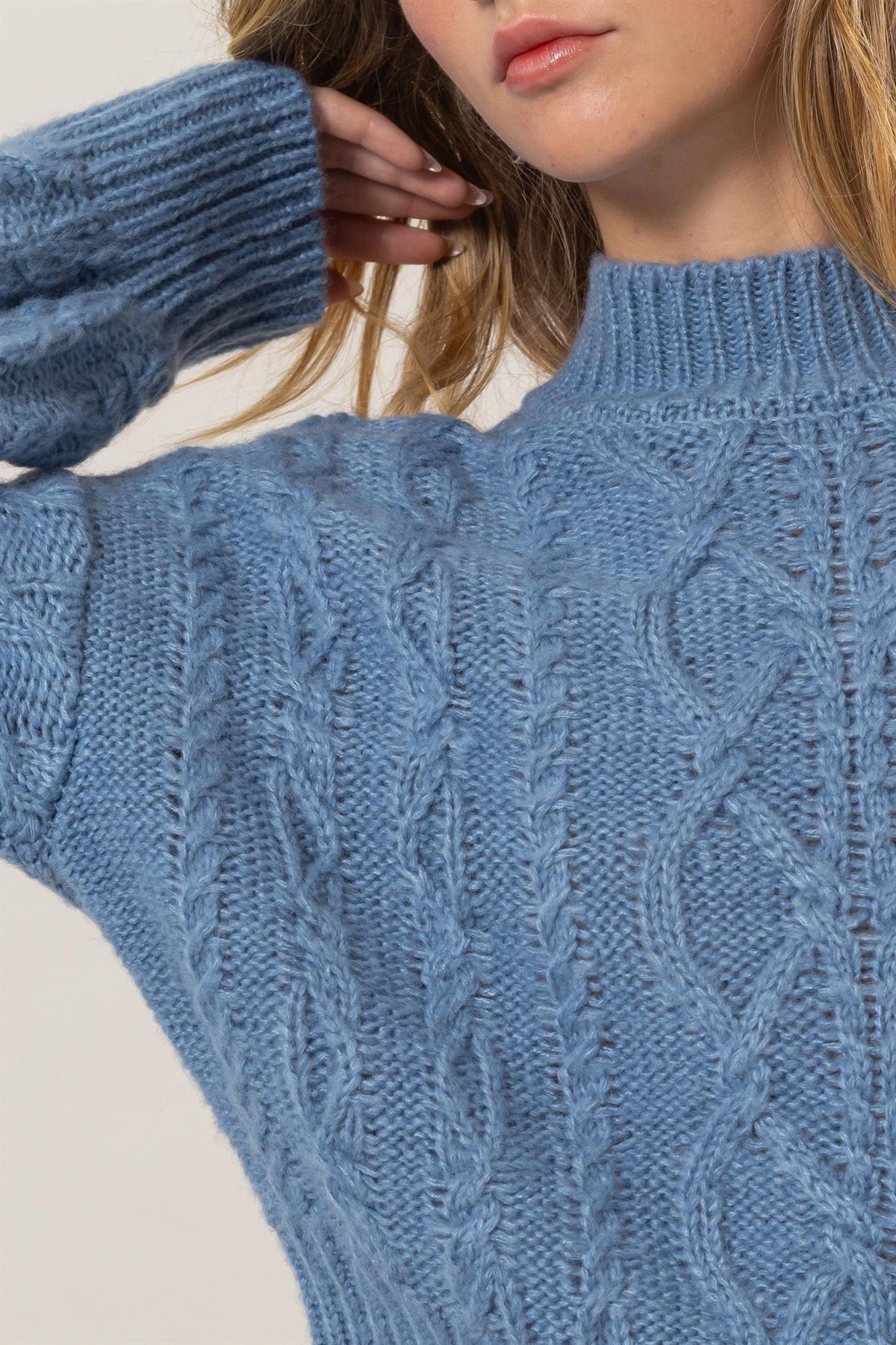 Cable-Knit Mock Neck Dropped Shoulder Sweater In Blue