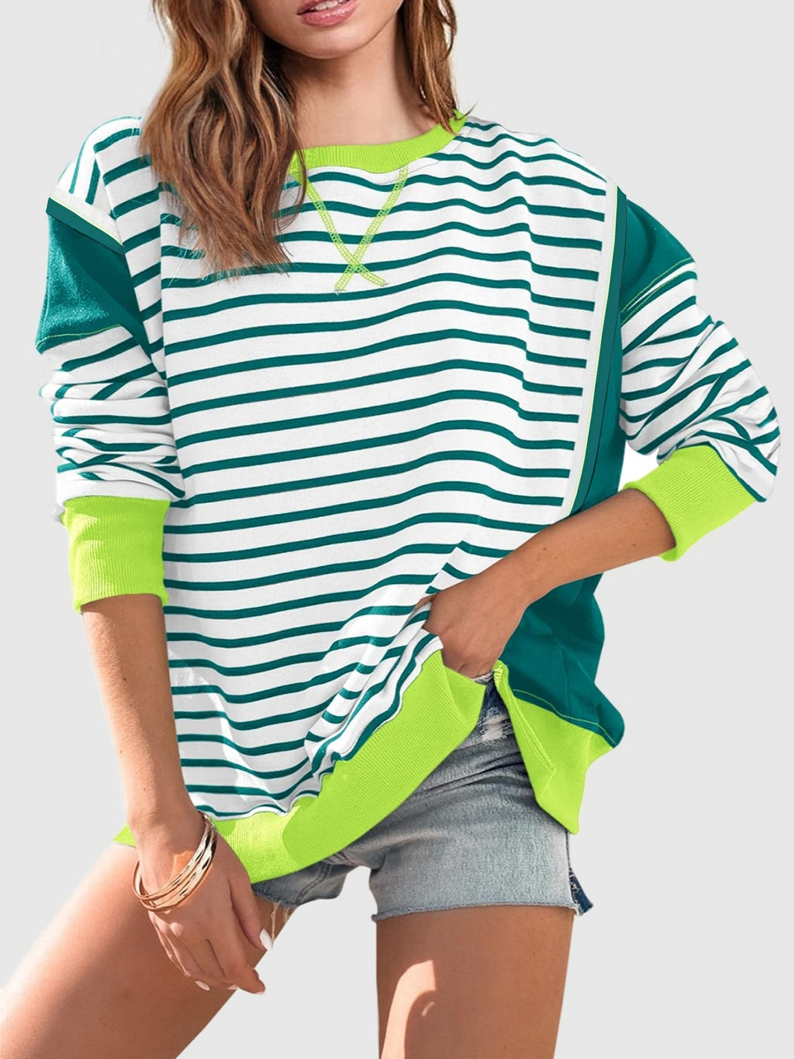 Clara Slit Exposed Seam Striped Sweatshirt In Multi Colors