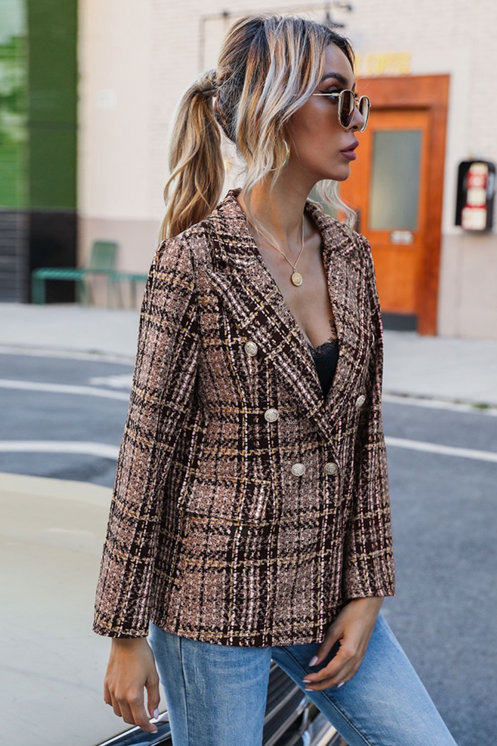 Sara Plaid Buttoned Blazer