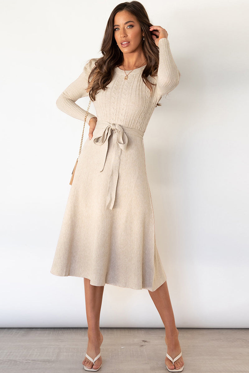 Round Neck Long Sleeve Tie Waist Sweater Dress In Multi Colors