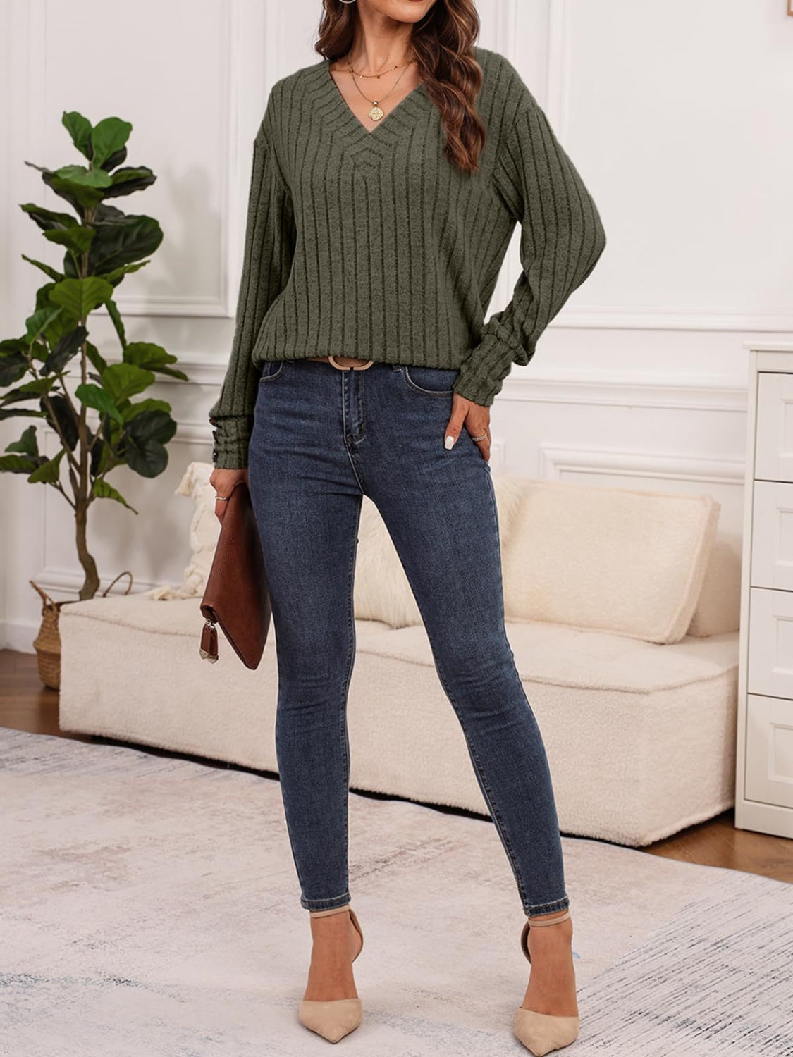 Teagan Ribbed V-Neck Long Sleeve Top