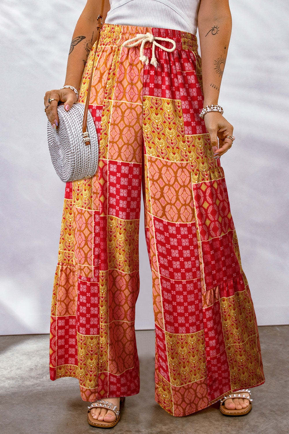 Gabriella Drawstring Wide Leg Pants In Multi Prints