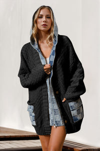 Peyton Hooded Denim Spliced Sweater Cardigan In Multi Colors