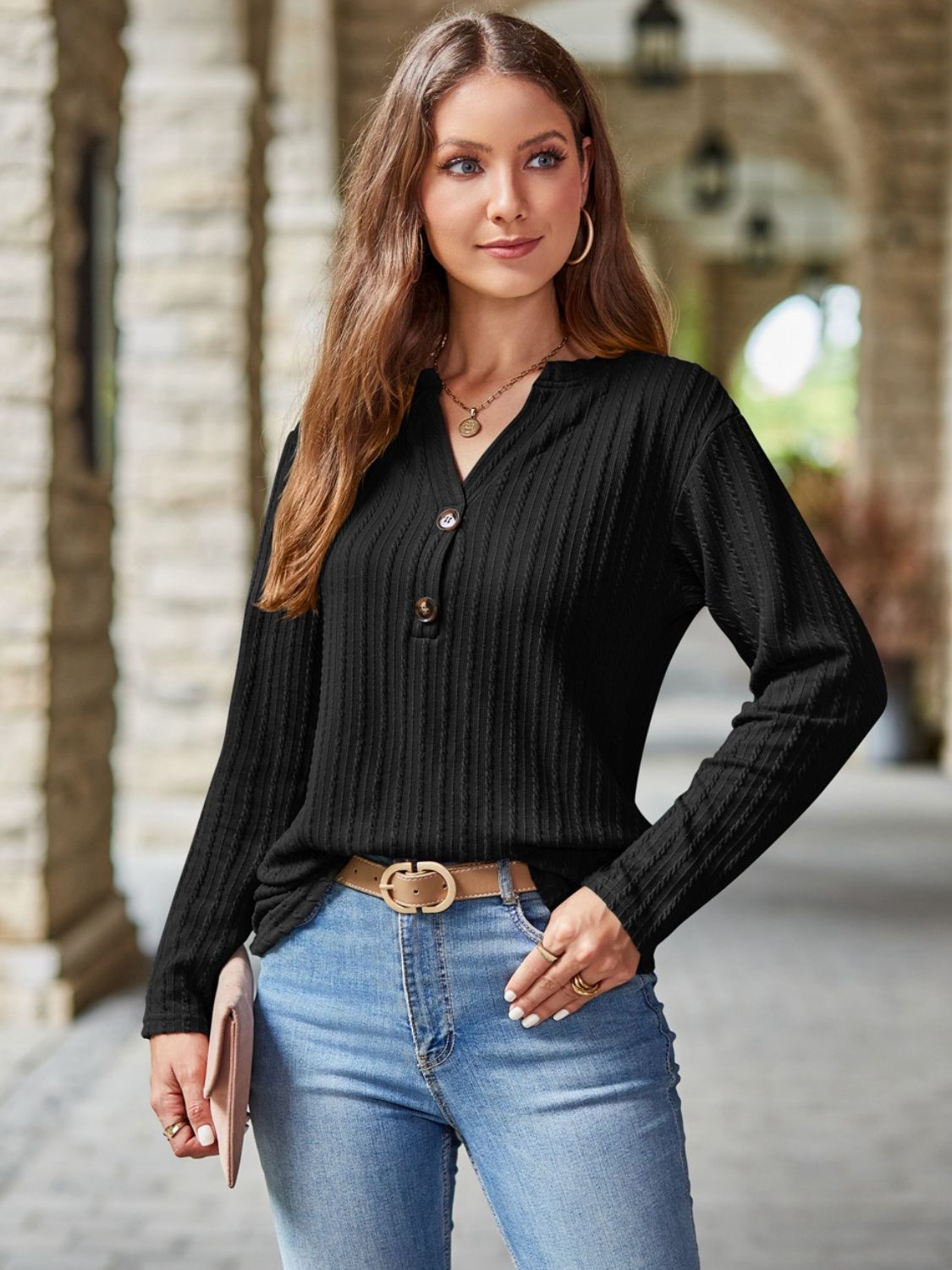 Delaney Notched Long Sleeve Top In Multi Colors